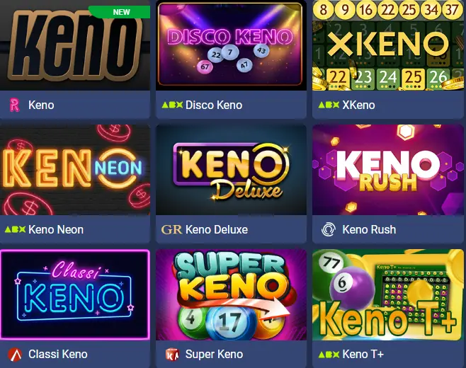 The image shows several types of Keno games